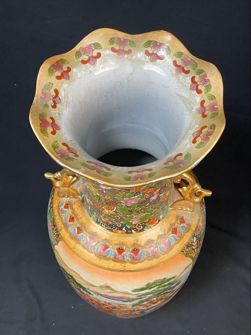 薩摩焼 特大 飾壺 金彩 美人画 金襴手 双耳 花蝶図 青粒置物 花瓶