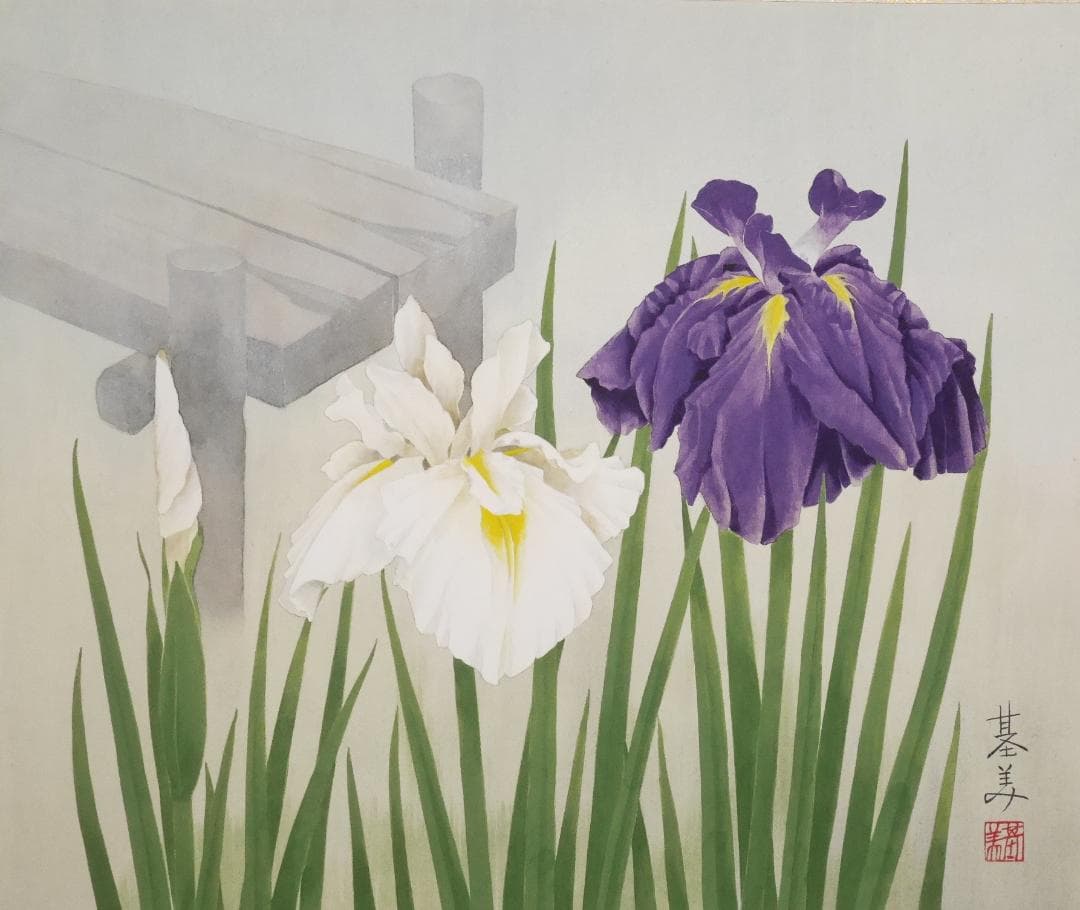 ★太巻高級掛軸【菖蒲　あやめ】日本画家　田中基美◆紙本肉筆　共箱付　日本画　花鳥