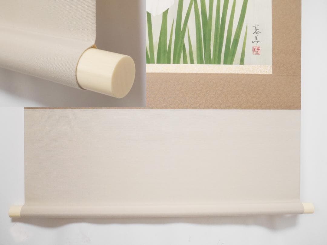 ★太巻高級掛軸【菖蒲　あやめ】日本画家　田中基美◆紙本肉筆　共箱付　日本画　花鳥