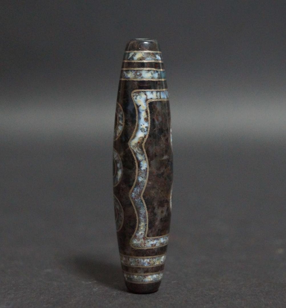 オールドチベットメノウ瑪瑙銀線象嵌『五眼天珠』根付緒締玉アゲート提げ物ビーズ