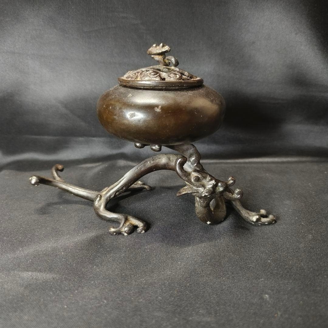 茶道具 茶香炉 唐銅置物 中国骨董 盤竜座 祥雲霊芝蓋 古美術 コレクター放出