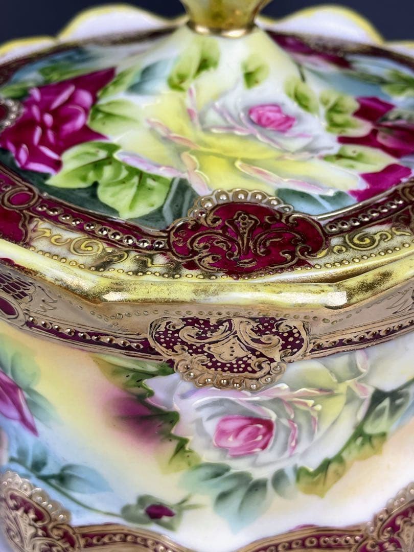 【希少】オールドノリタケ 約２３cm 薔薇紋 ビスケットジャー メープルリーフ