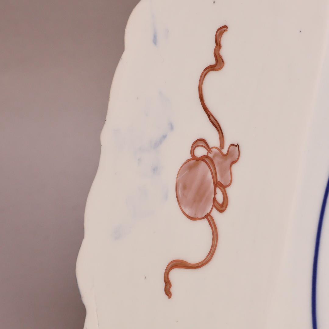 BK301　明治期　古伊万里　色絵小紋芍薬図　六角　大皿　大日本 肥蝶山 乃口製