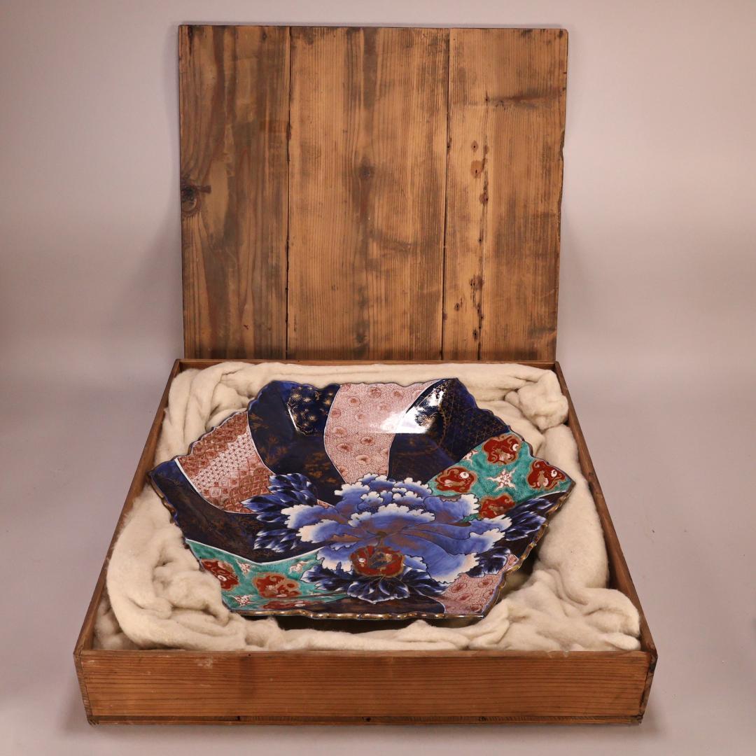 BK301　明治期　古伊万里　色絵小紋芍薬図　六角　大皿　大日本 肥蝶山 乃口製