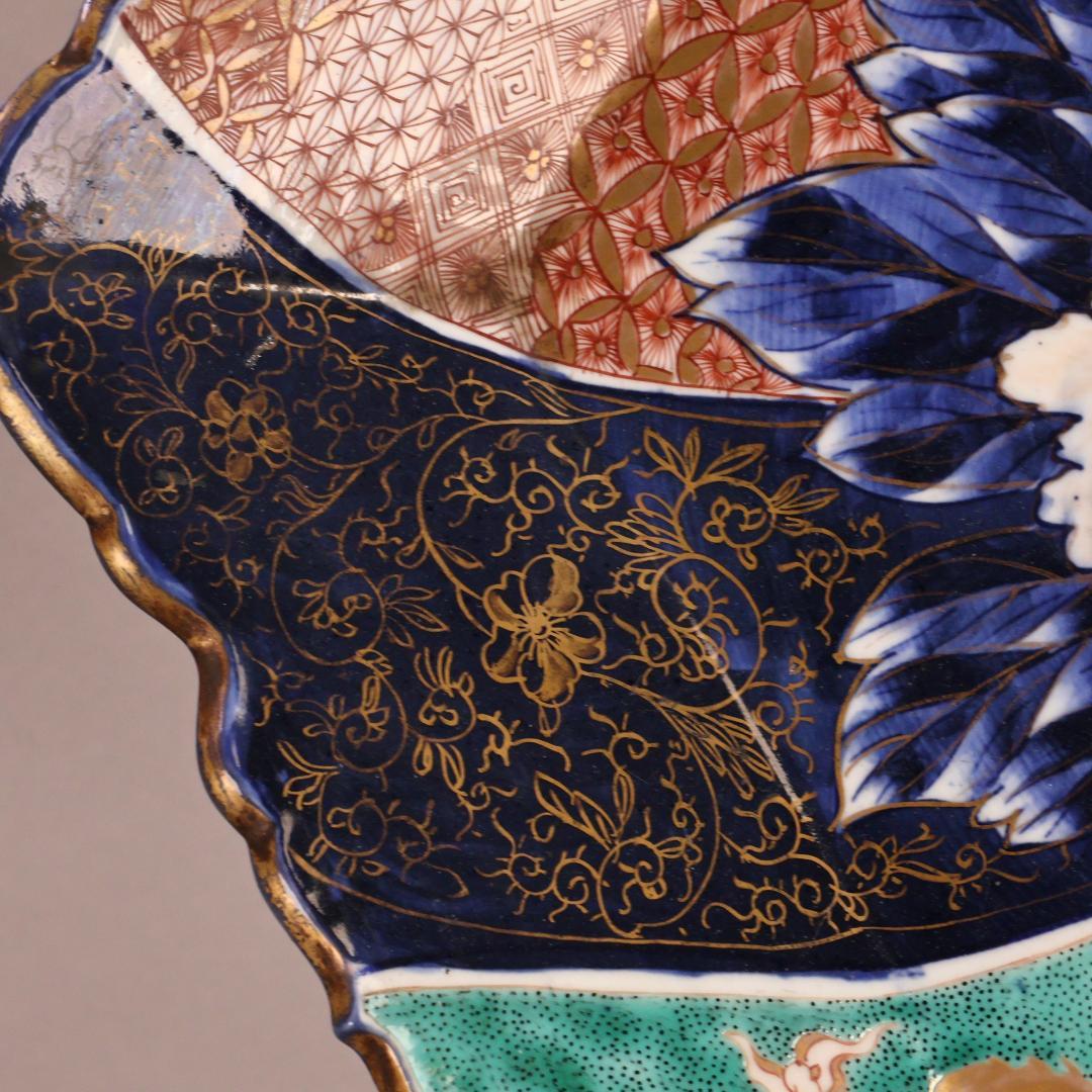 BK301　明治期　古伊万里　色絵小紋芍薬図　六角　大皿　大日本 肥蝶山 乃口製