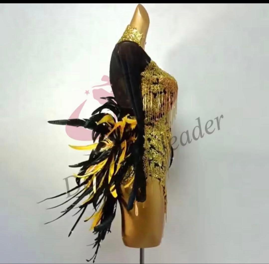 社交ダンス　ゴールドブラック　ゴージャス　ラテン　ドレス　M 羽　フェザーテール