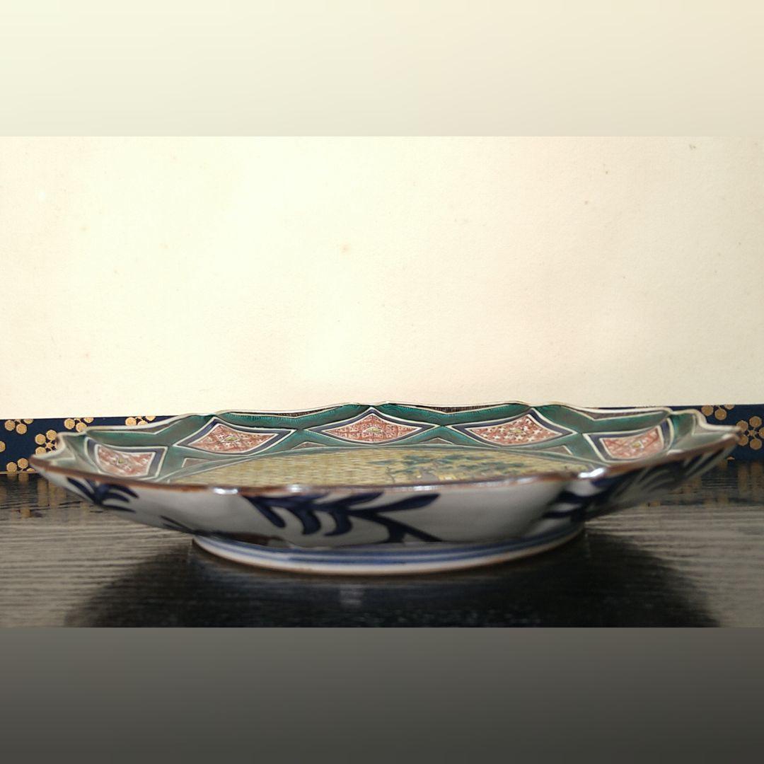 AF17 古谷焼 三代 三ッ井為吉 飾り皿 輪花型 共箱共布皿立 略歴付 山水図