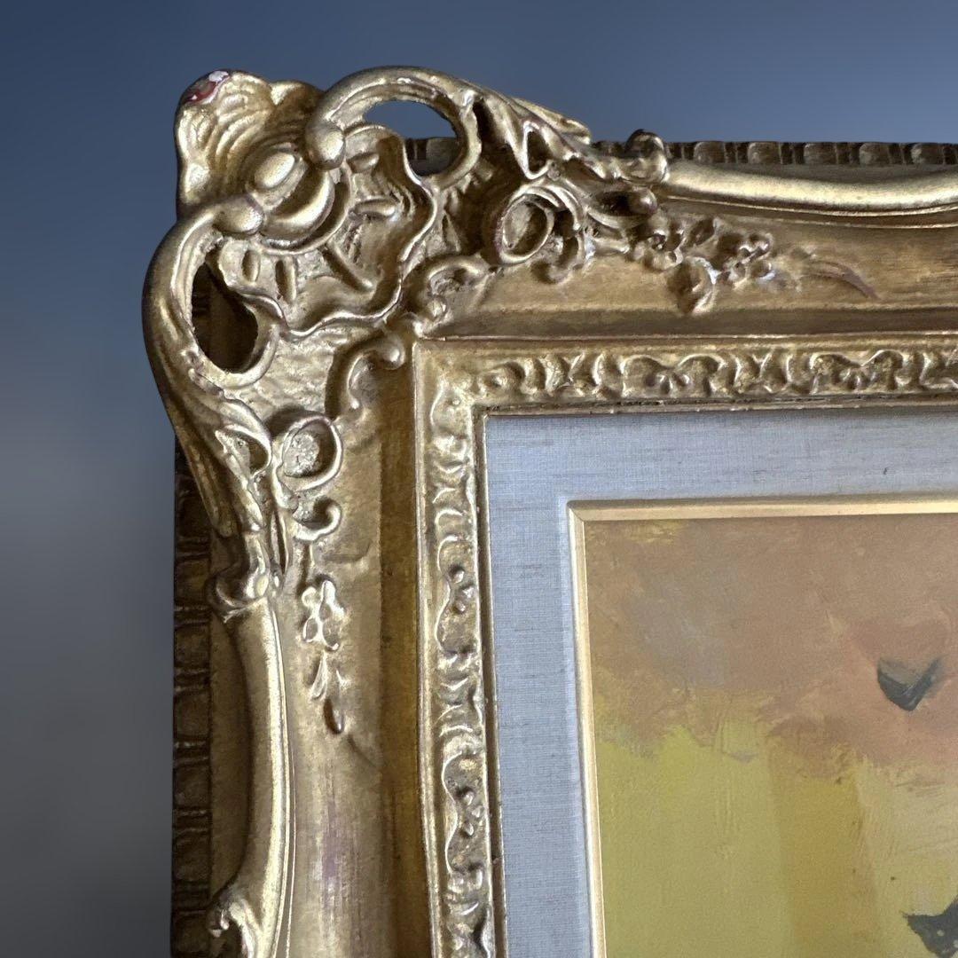 素晴らしい額の印象派風 油彩画 教会のシルエット