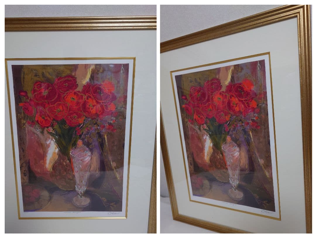 【２点セット】アンドリュープライス　赤いバラ＆黄色いバラ　版画　花　静物画　花瓶