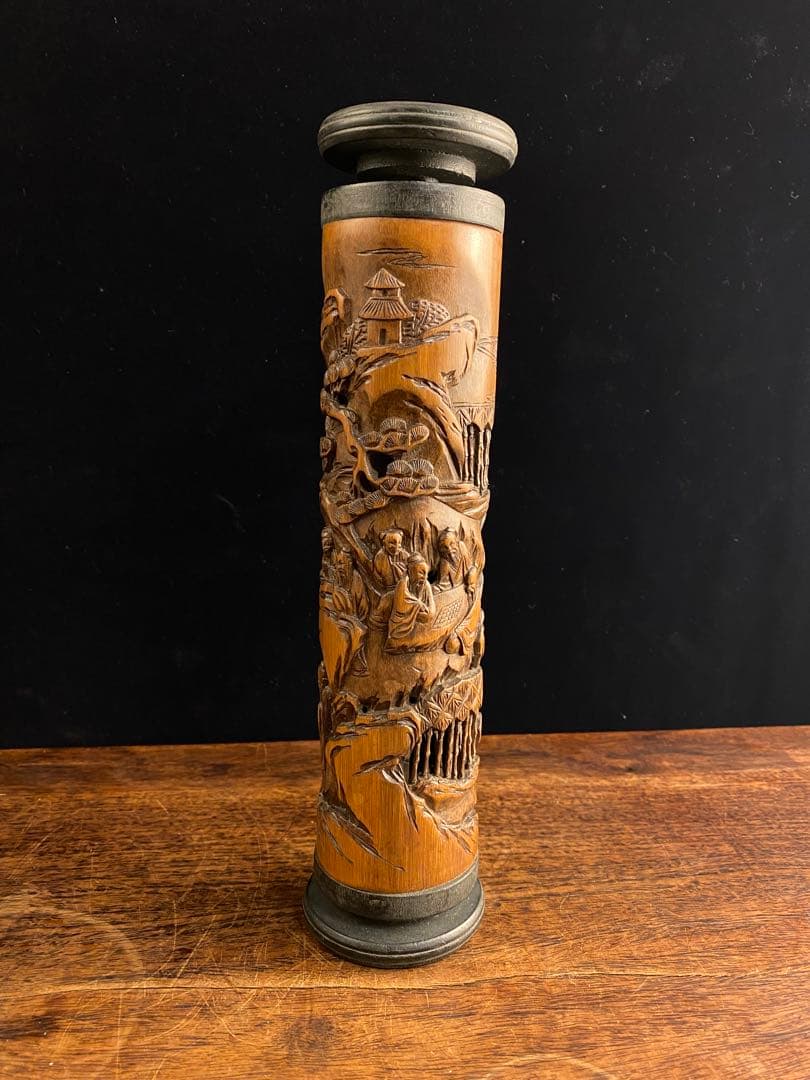 ダ*吉様 香筒　竹製透かし彫刻　中国古美術　香立