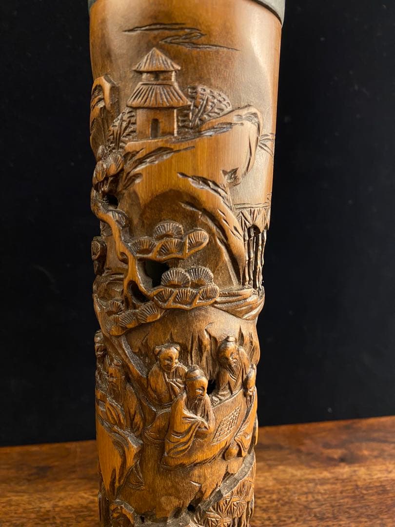 ダ*吉様 香筒　竹製透かし彫刻　中国古美術　香立