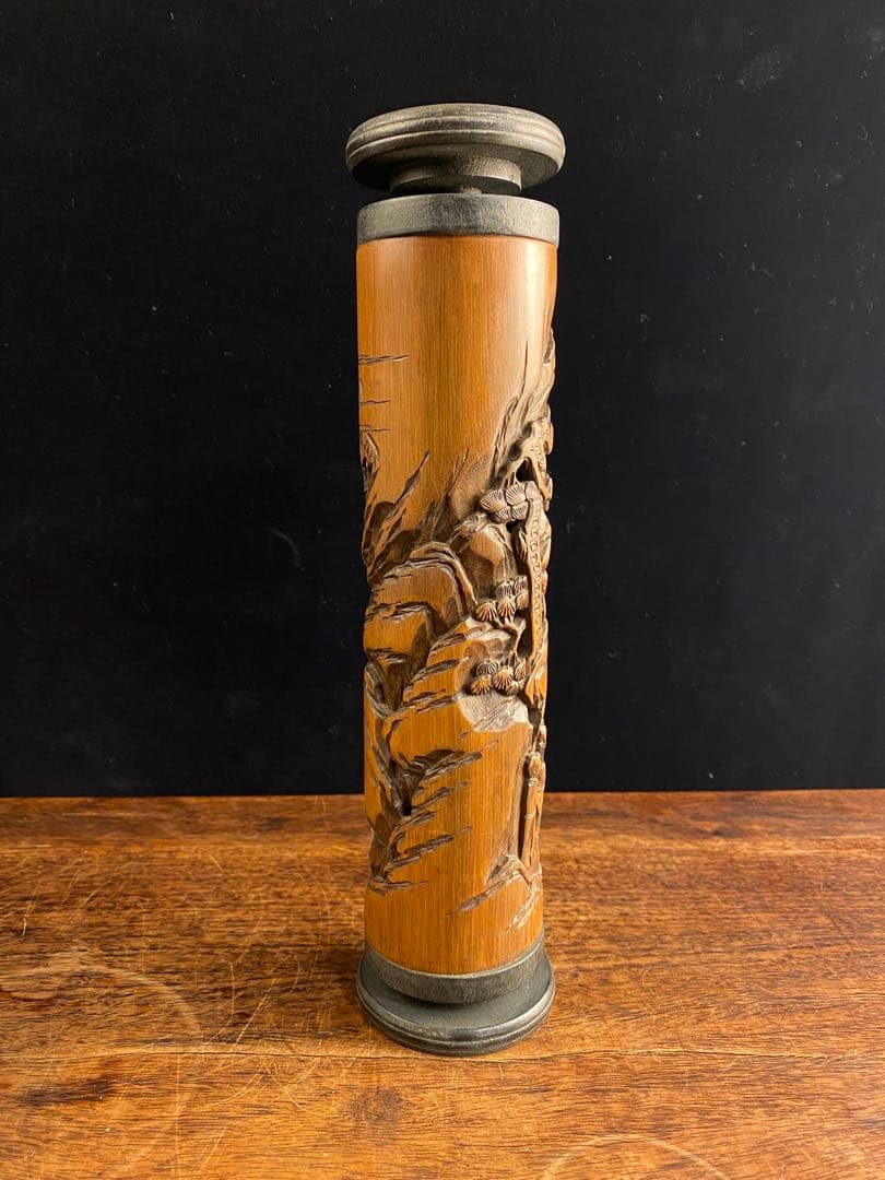 ダ*吉様 香筒　竹製透かし彫刻　中国古美術　香立