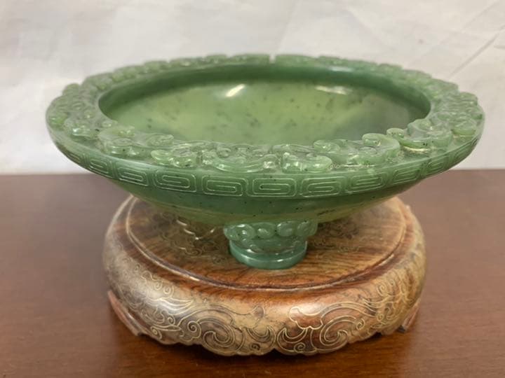 【希少品】中国古美術/文房具/碧玉水盤/水盂/共箱　共布 147B-2-1