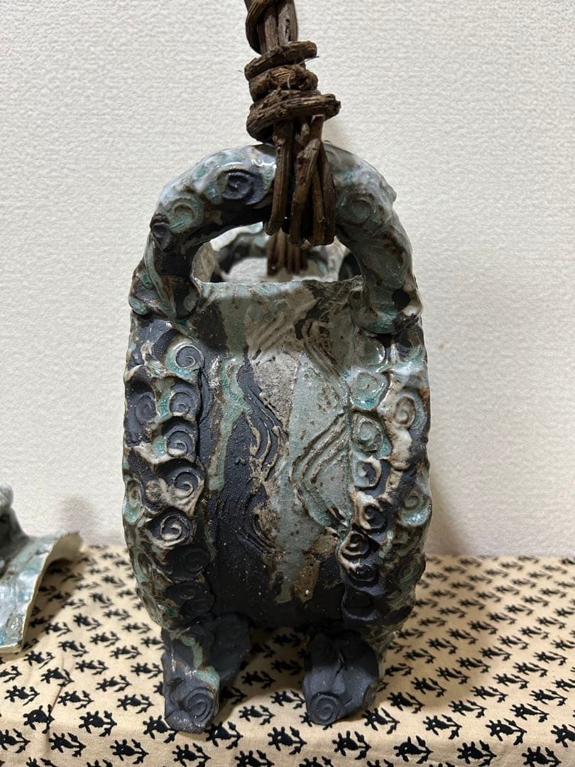 和　アジアン　青緑色　花模様　丸型　水槽　陶器　金魚　メダカ