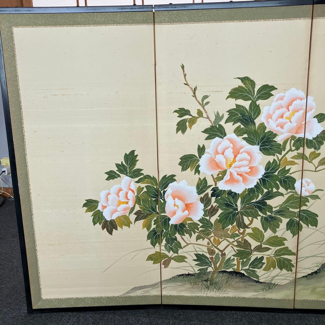 屏風 春湖 牡丹 絹本 引取品 年代物 時代物 美術品 アート