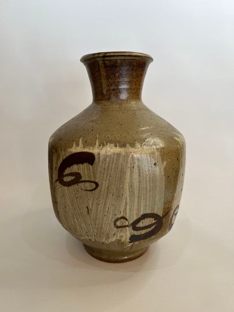 人間国宝・島岡達三作　鉄絵刷毛目面取扁壺　特大35cm 本物保証