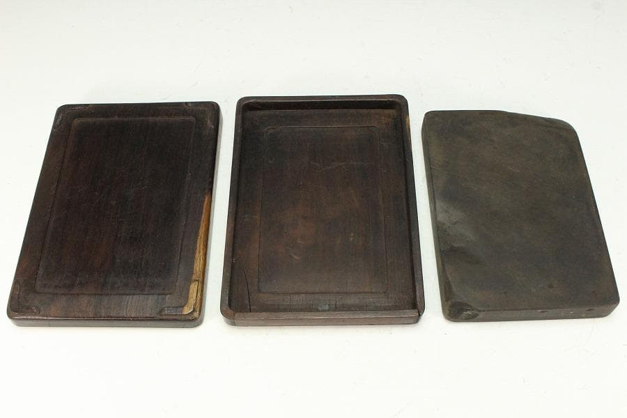 中国美術 端渓 刻霊芝 紫檀 題詞 箱 文房四宝(K-XA666)