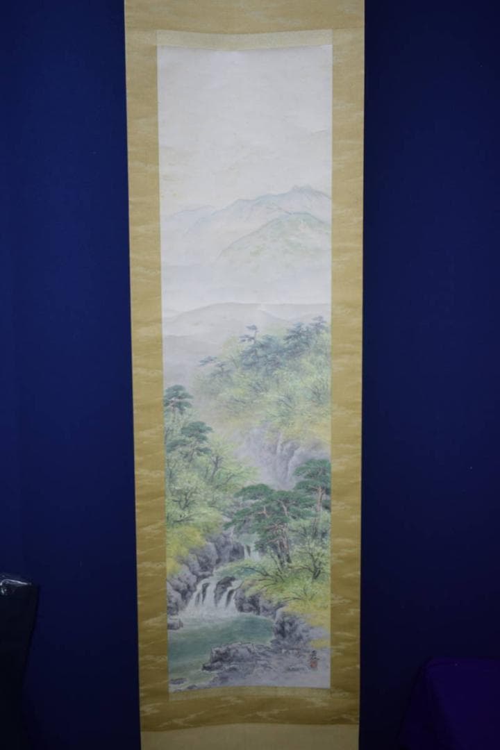 真作/山下巌/渓澗飛泉/山水図/絹表装/桐共箱二重箱付/布袋屋掛軸HH-967