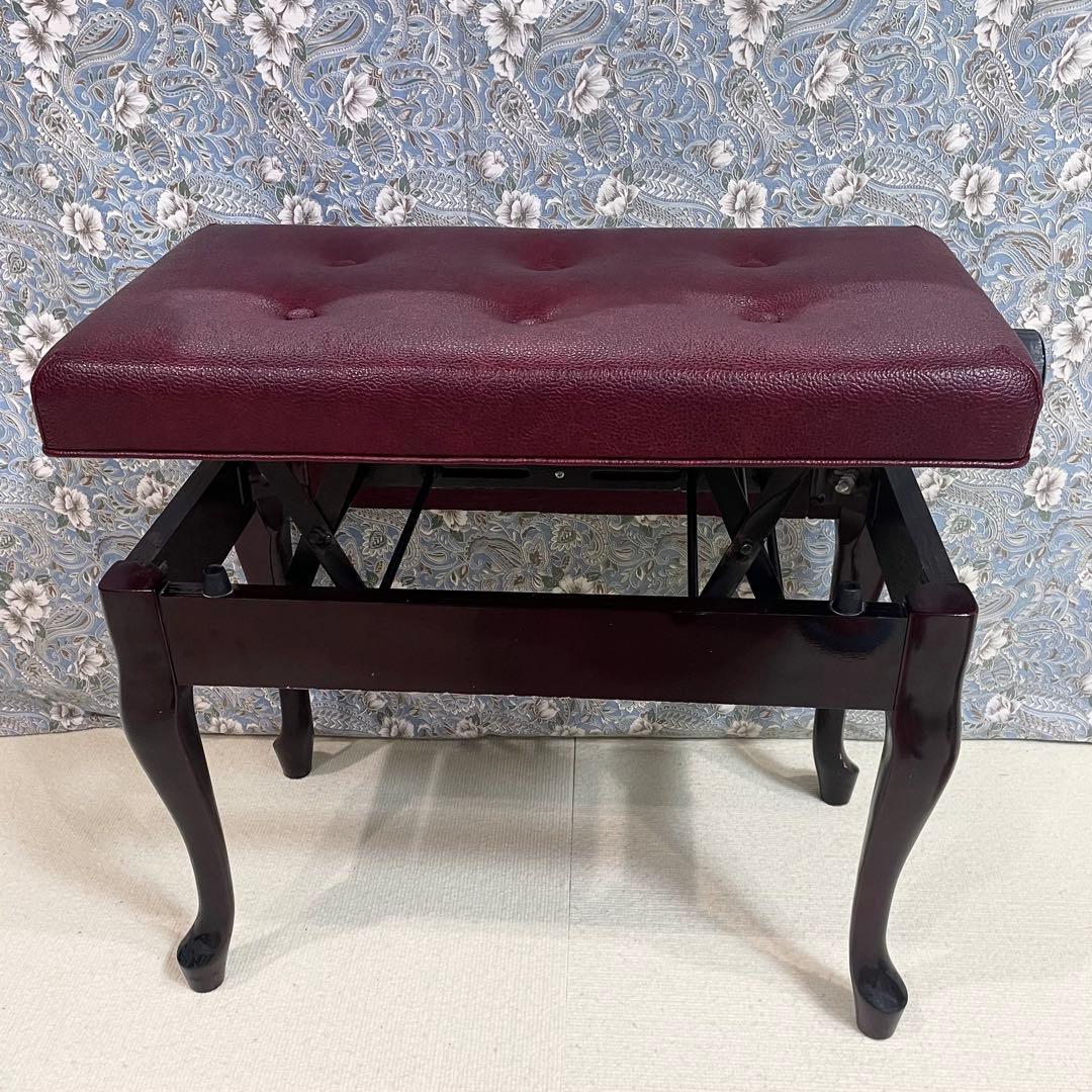 猫脚ピアノ椅子　昇降式　スツール　ワインレッド　アンティーク　シートカバー付き