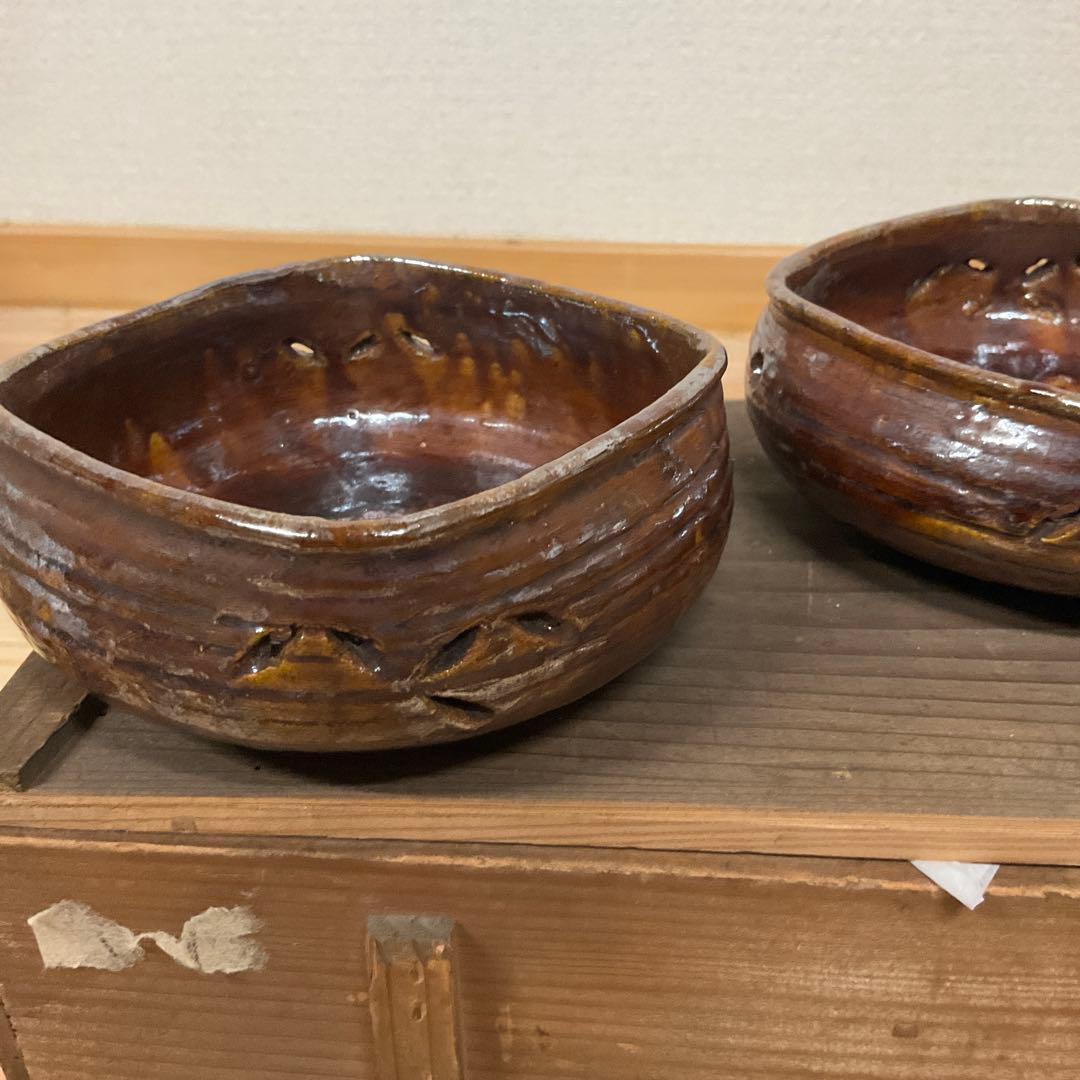 6代大樋長左衛　飴釉四方七宝透かし向付　5客揃え