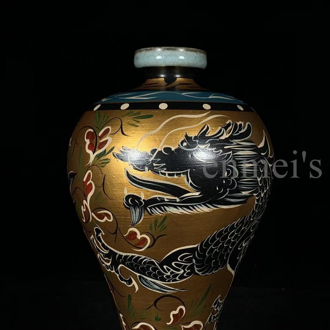 中国古美術・旧蔵宋汝窯・宋真宗御賜款彩繪龍紋梅瓶・彩絵・花瓶・陶磁器・文房置物