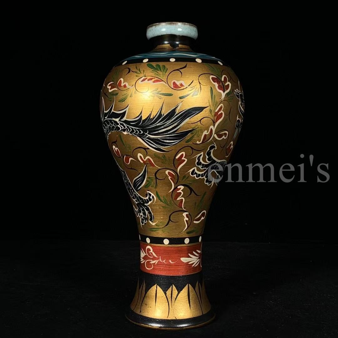 中国古美術・旧蔵宋汝窯・宋真宗御賜款彩繪龍紋梅瓶・彩絵・花瓶・陶磁器・文房置物