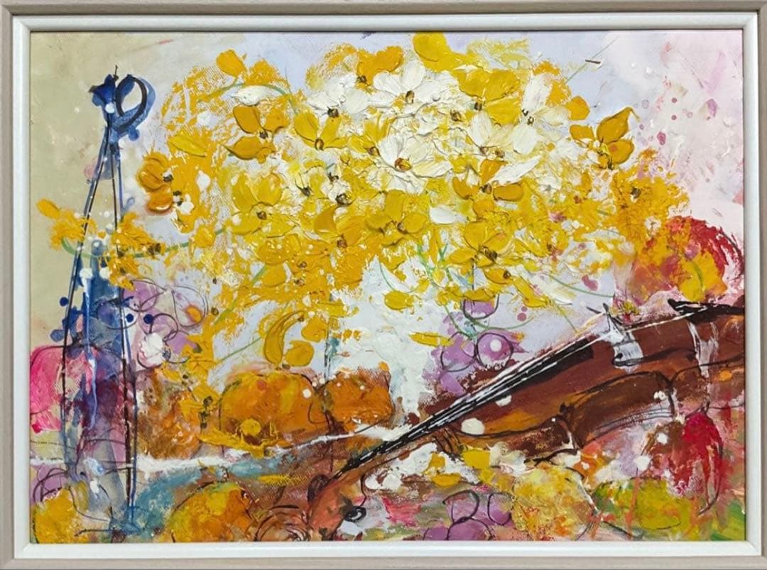 絵画・額縁・油絵・池田秀郎・楽器と花・F4号・美術品・インテリア・新品未使用