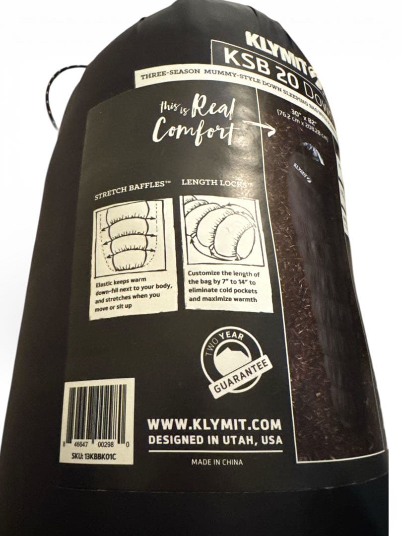 KLYMIT KSB20ダウン寝袋 ストレッチ機能 軽量シュラフ防水 3シーズン