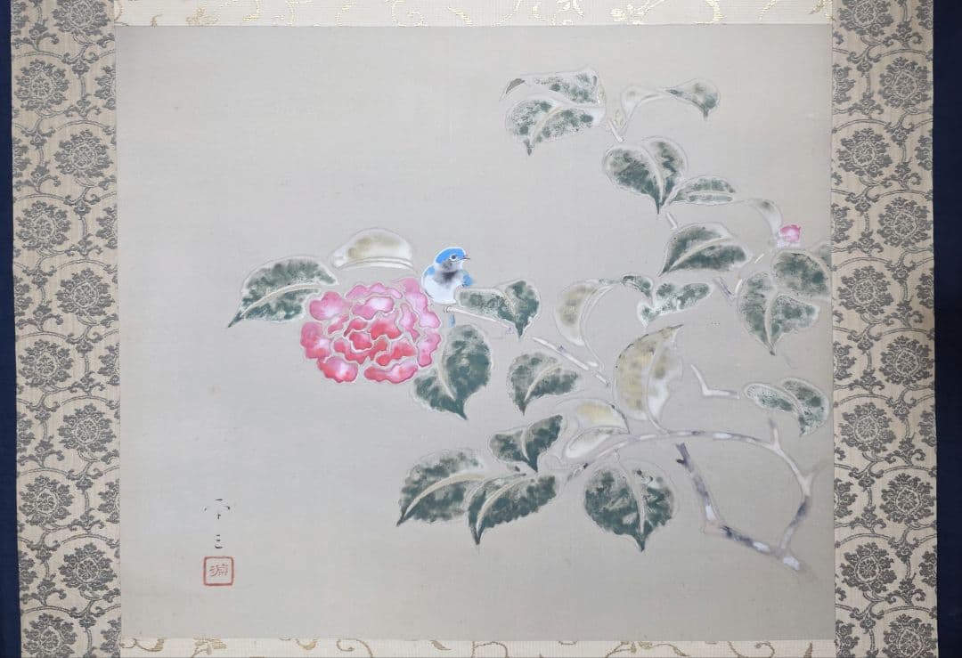 【紅椿図】西村卓三 2711 共箱 ツバキ 西村五雲息子 掛け軸 肉筆