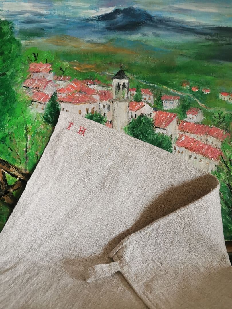 アンティークフランス ラスティック ホームスパンリネン イニシャル赤糸刺繍クロス