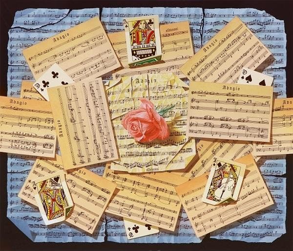 ★人気画家 陶山充 写実画 トランプと楽譜と薔薇 本物保証書付