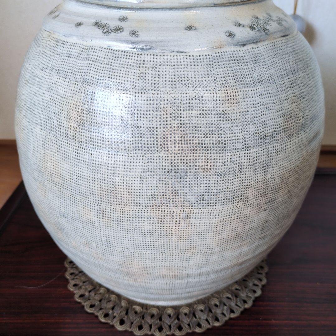 李秀承 作 高麗青磁写し 壺 花入 共箱 底印「秀」 李朝様式　台付