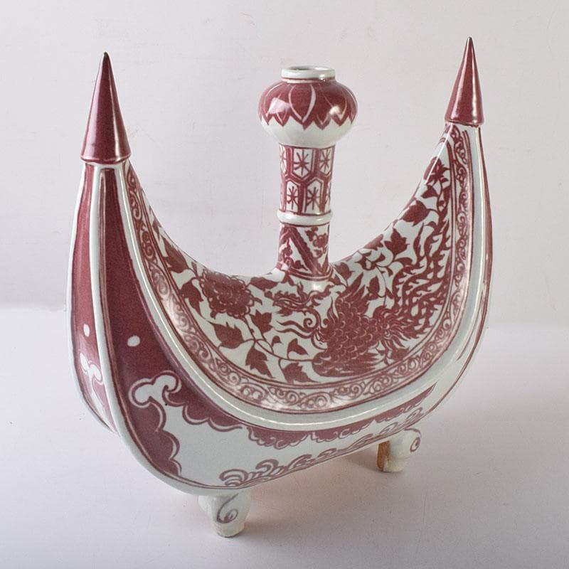 中国　釉里紅　四足水注　扁壷　M　7325C