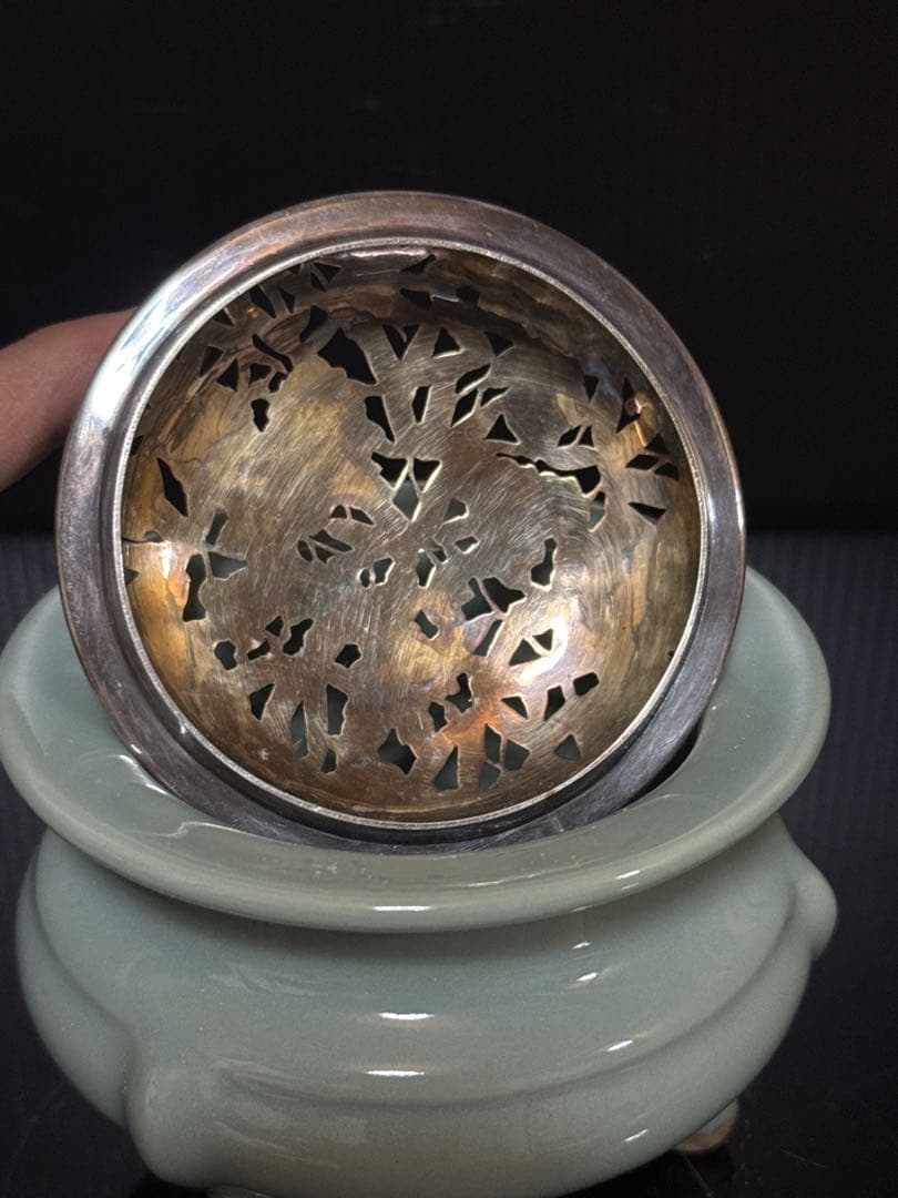 純銀 刻印 火屋付 青磁袴腰型 香炉 桐箱付 茶道具