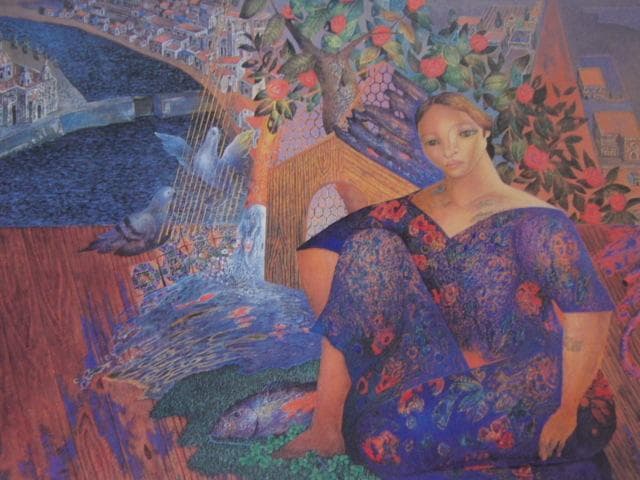 山本達郎、【河のある風景】、希少な額装用画集画、新品高級額 額装付