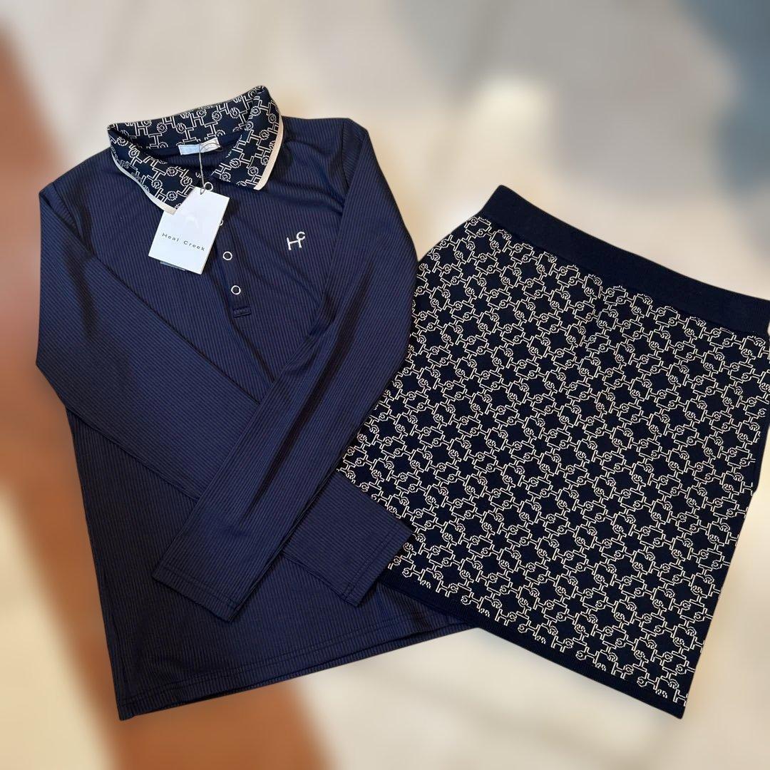 お値段変更ネイビー 幾何学模様 スカート 新品タグ付ゴルフウェアセットアップ