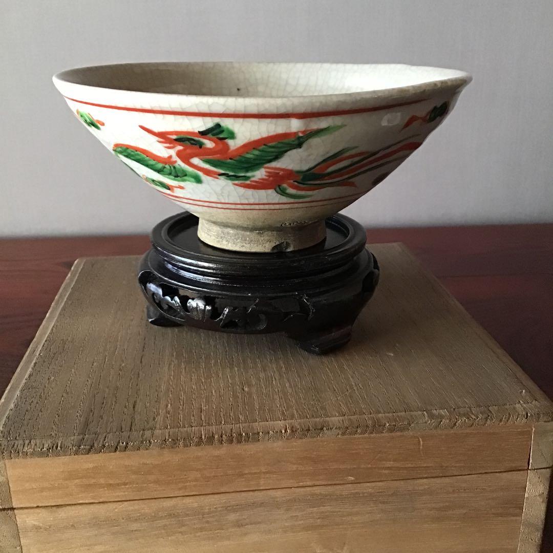 犬山　呉須赤絵鳳凰図　茶碗　近藤秀胤？　印有　江戸〜明治期