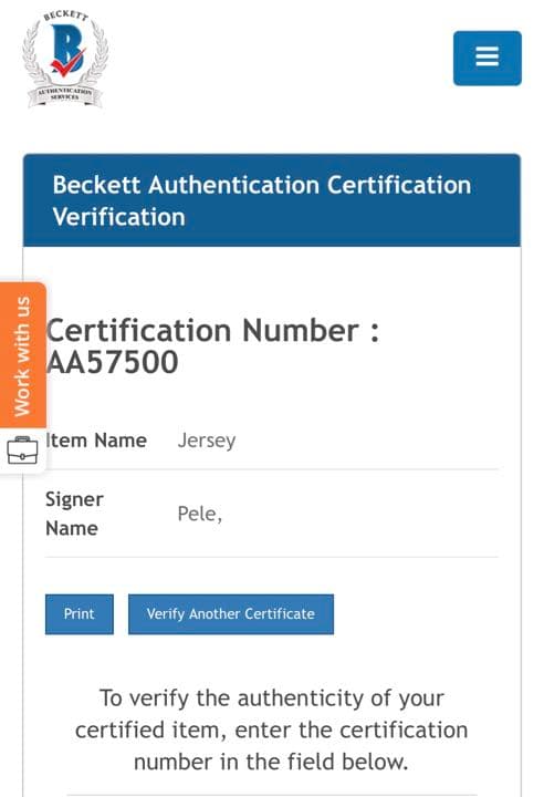 激レア【ペレ直筆サイン入りユニホーム】証明書、プリントフォト付ブラジル代表
