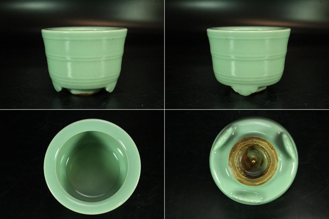 初代 宮永東山作 青磁香炉 銀火屋 37g 共箱 古美術(K-A640)