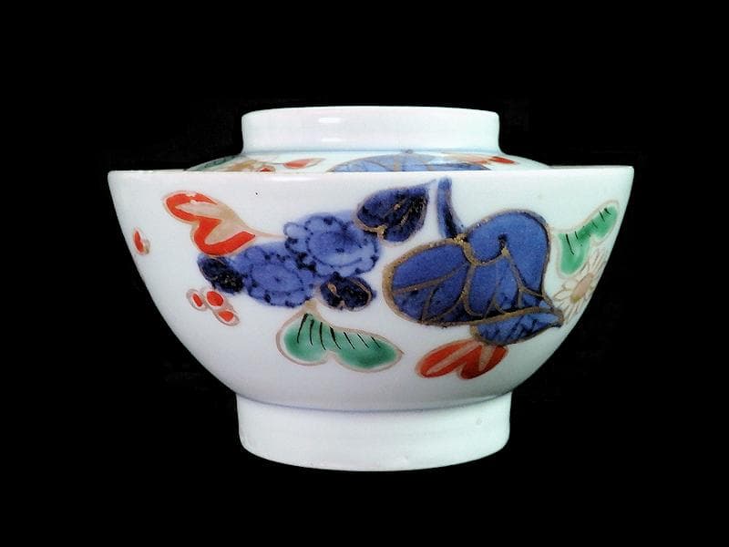 古伊万里　染錦　河骨紋の図　広東型　蓋茶碗　５客　C859AS-CEw