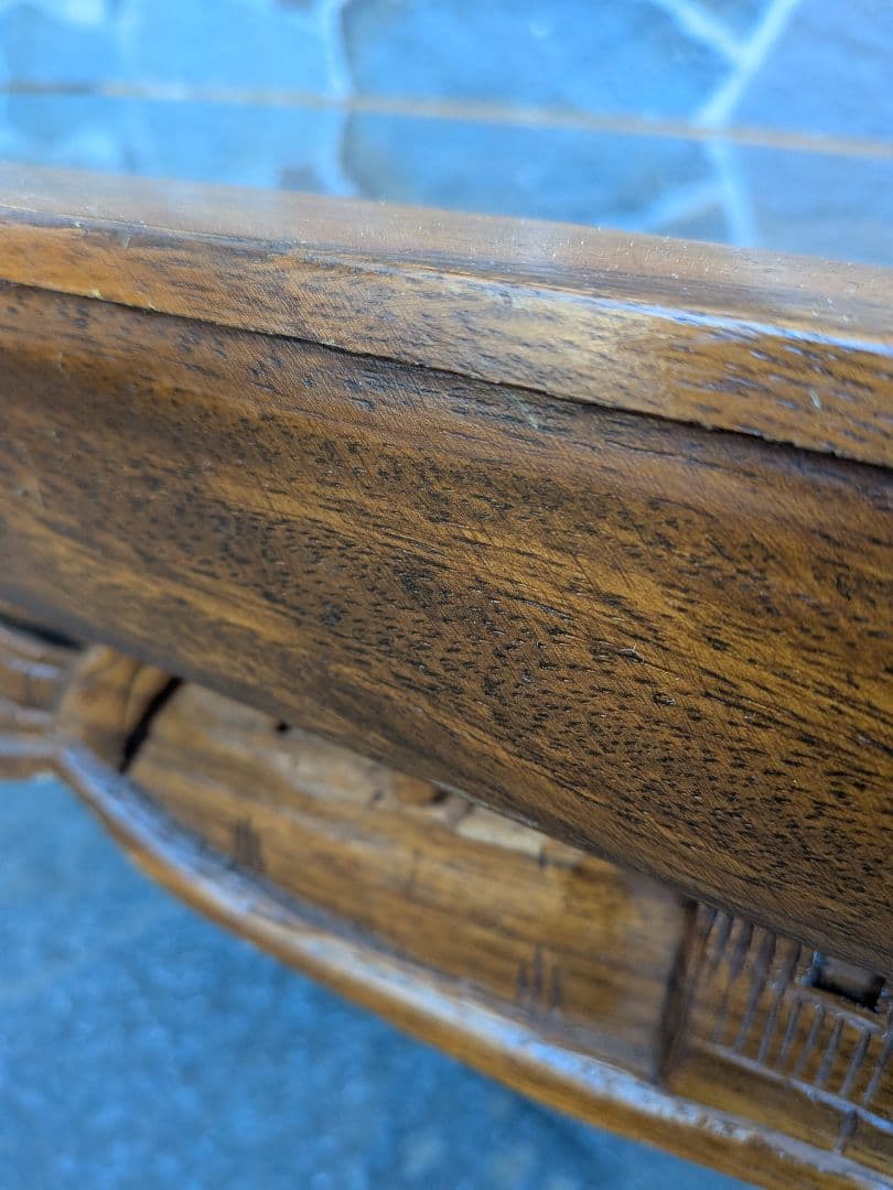 アジアンスタイル 木製彫刻テーブル ガラス天板付き