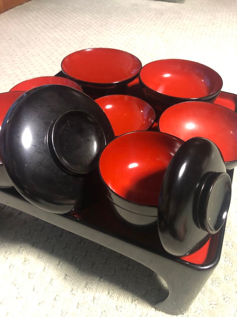お膳　お椀　5膳　おひつ　しゃもじ　お盆　セット　木製収納箱付き　骨董品
