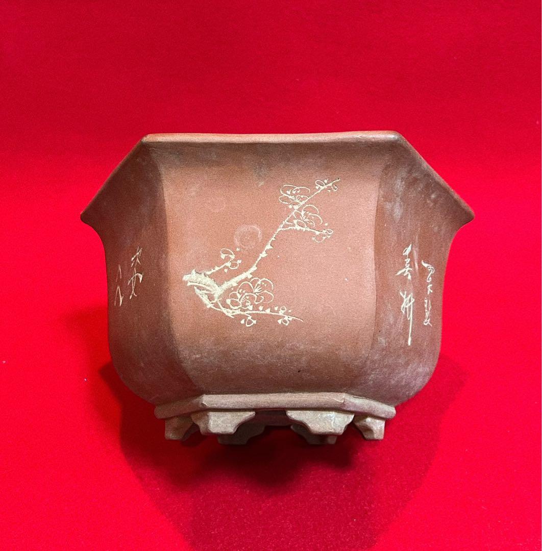 中国美術 梅蘭竹紋樣 中国宜興 紫砂 六角植木鉢 盆鉢