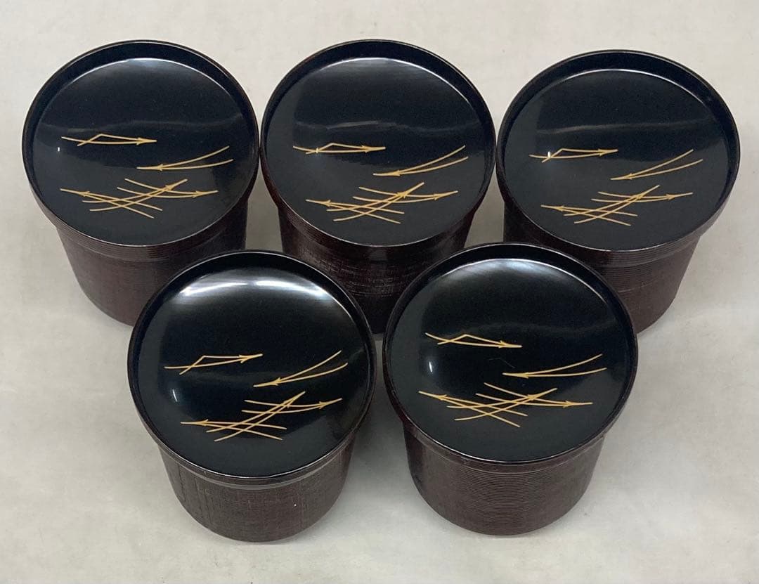 B518b「松葉図 面取千筋欅 箸洗 5客」溜塗　椀　茶道具　懐石道具