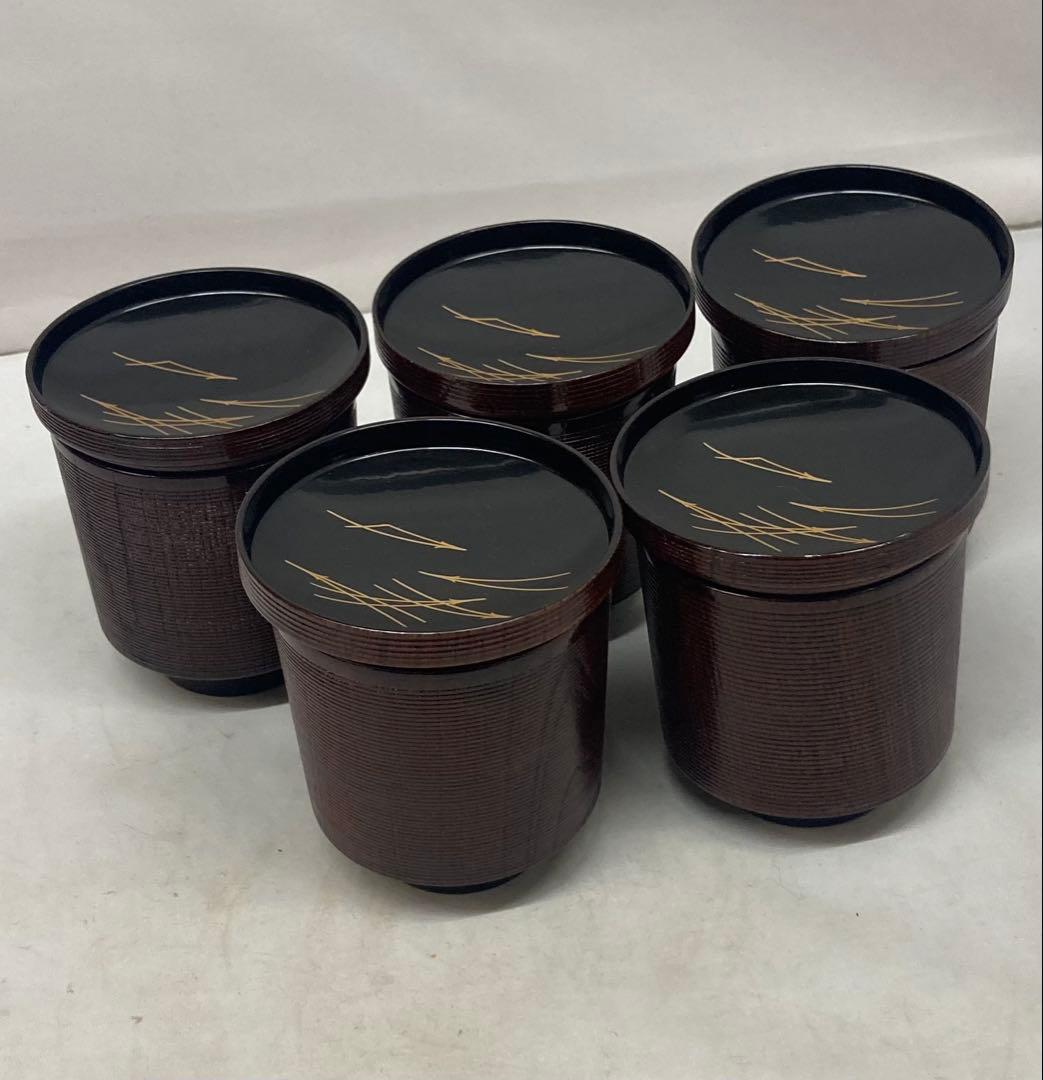 B518b「松葉図 面取千筋欅 箸洗 5客」溜塗　椀　茶道具　懐石道具