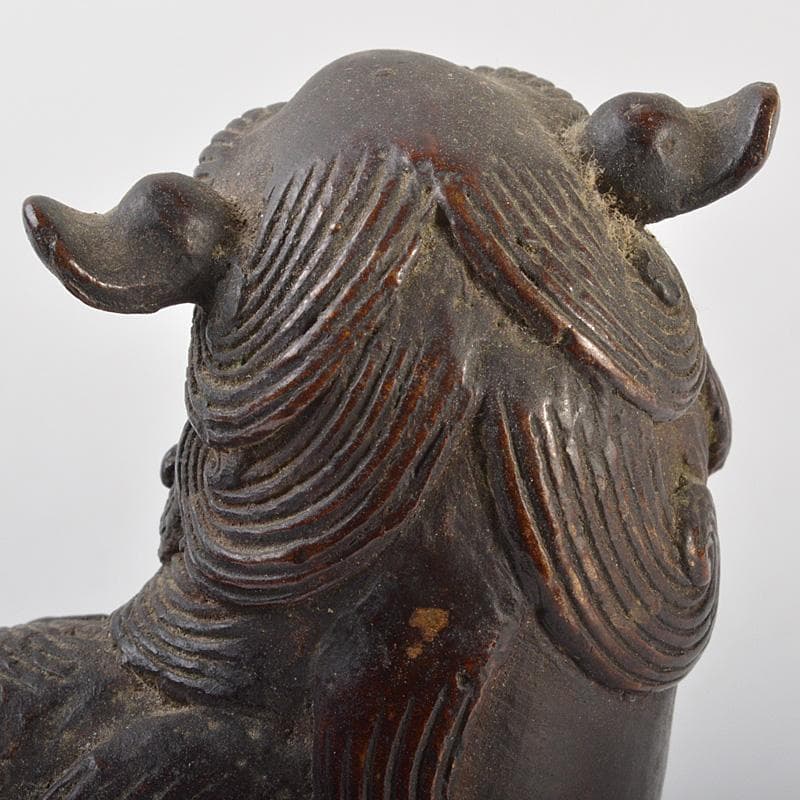 中国　古銅宣徳銅　玉乗り獅子　親子　鈴　置物　M　R7409