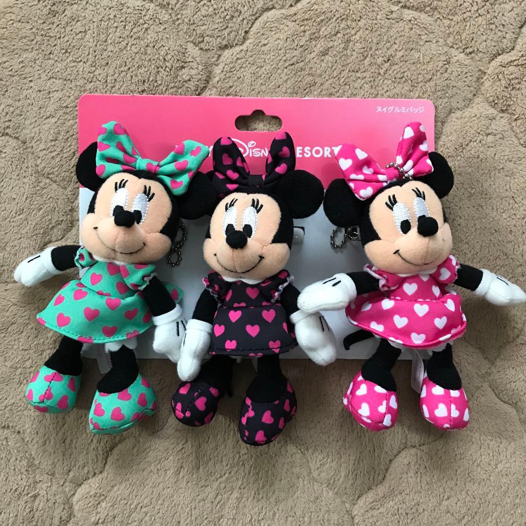 ミニー　ぬいぐるみバッジ　ハート柄　3個セット