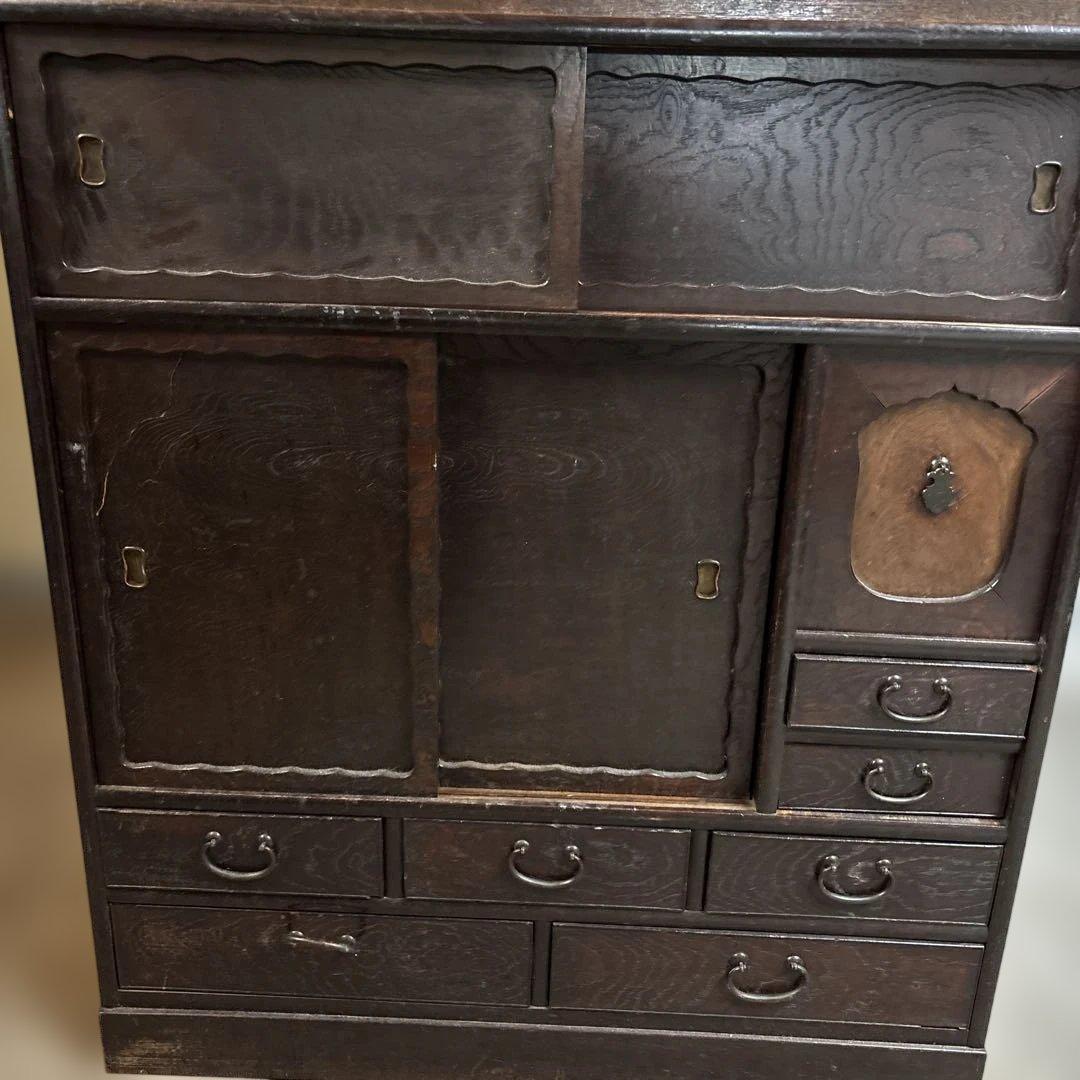 木製ガラス扉付き箪笥　時代家具