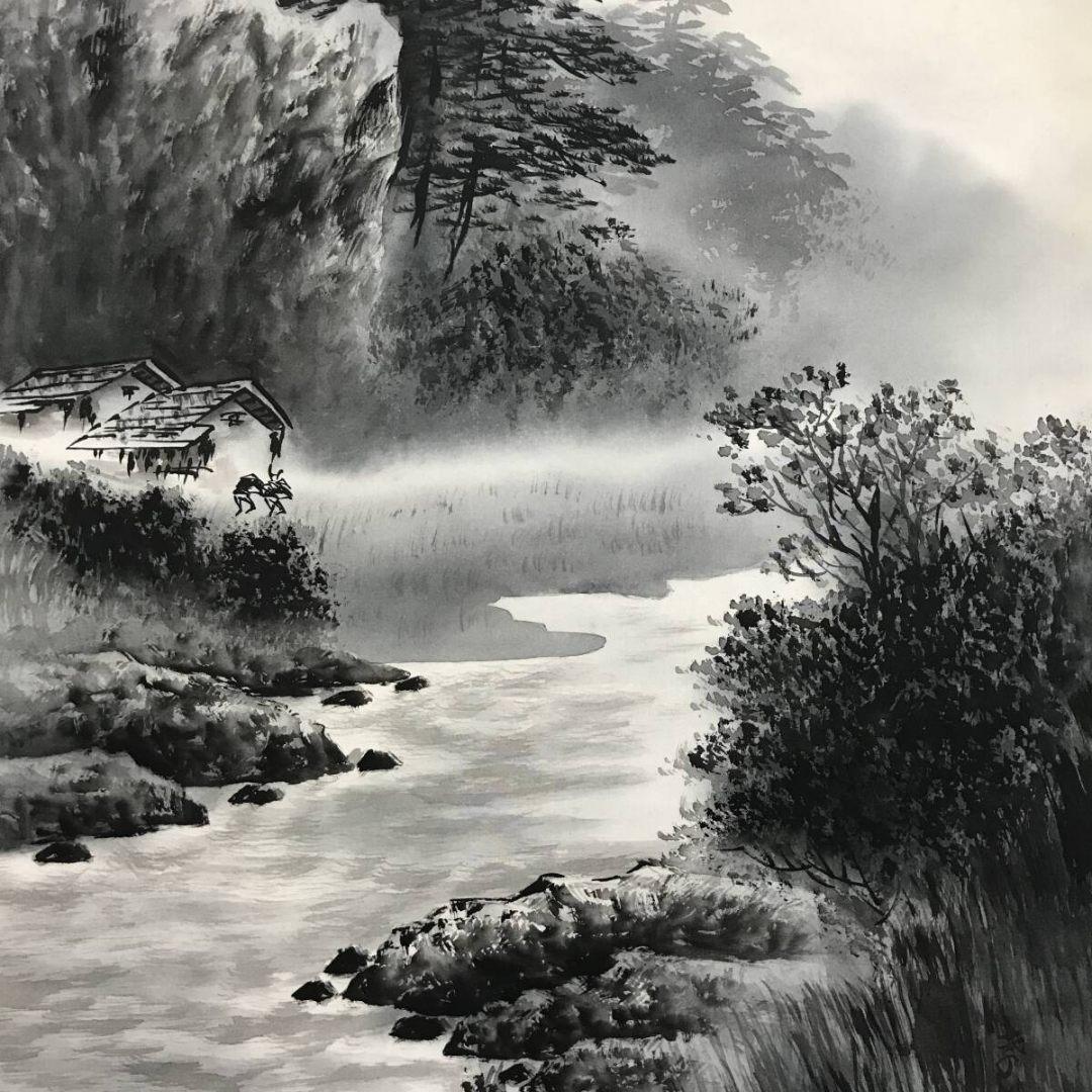 真作/片山孝雄/水墨山水図/山水人物図/掛軸/名家伝来/AK-807