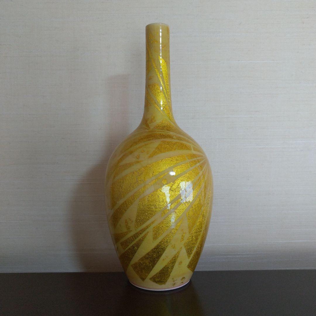 小野珀子　高さ約28.5cm　釉裏金彩花立　桐共箱